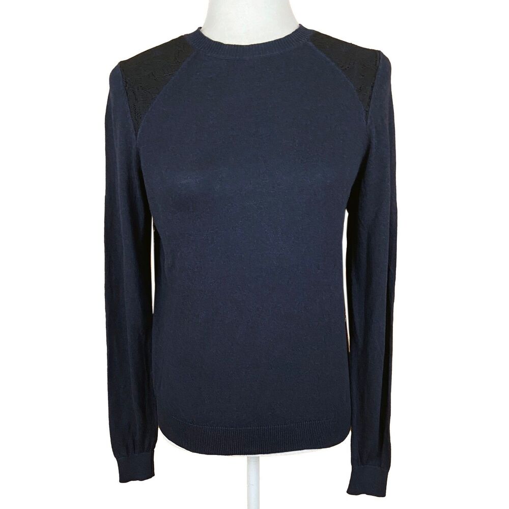 525 America Lightweight Sweater Size M Navy Blue Cotton-Cashmere Black Lace Back